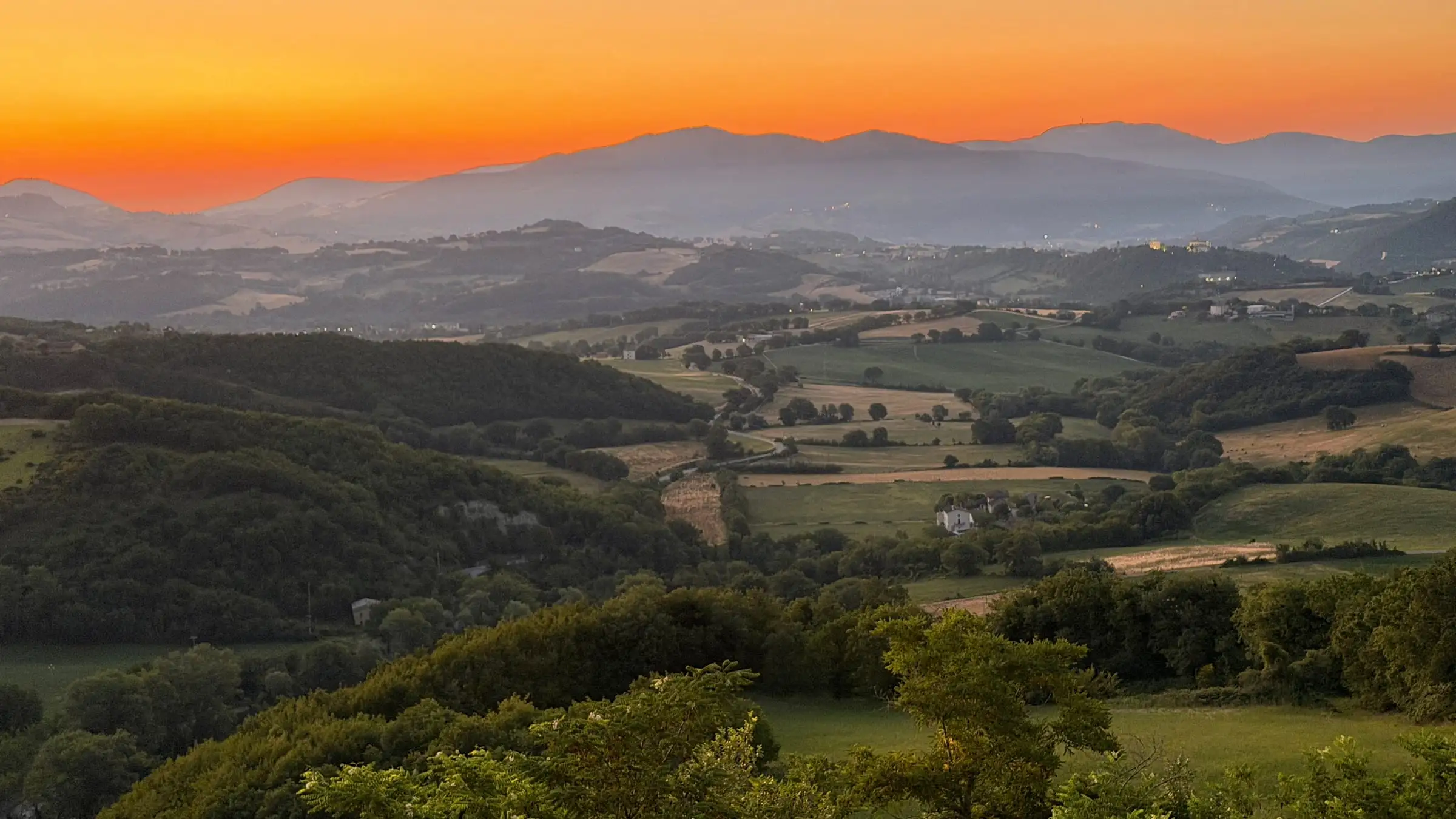 Le colline coltivate delle Marche all'ora dorata